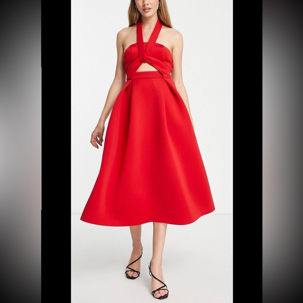 ASOS twist cut-out halter midi prom dress in red
